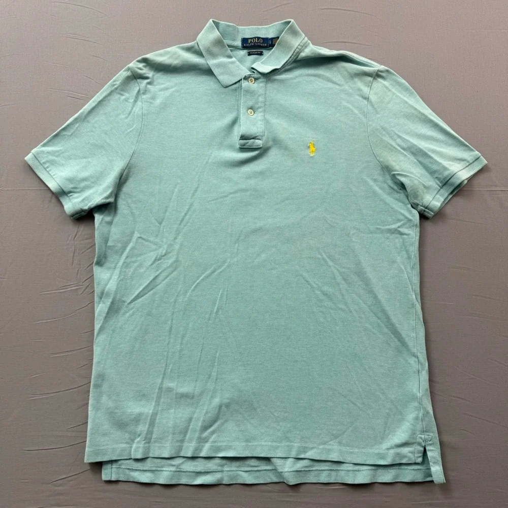 Polo Ralph Lauren Mens Large Mint Green Classic Fit Pique Polo Shirt Yellow Pony